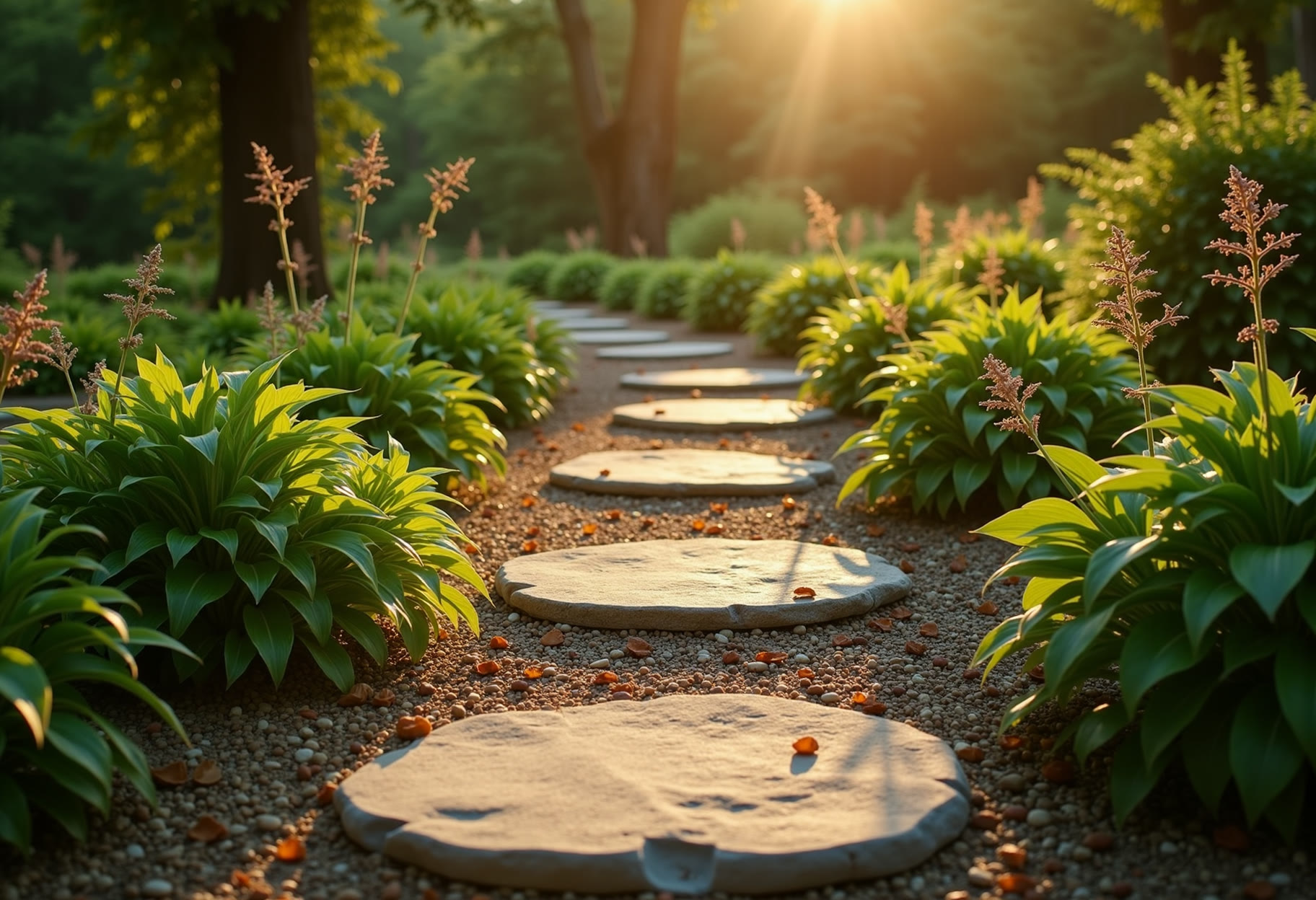 Limestone stepper path through a shade bed in Norman